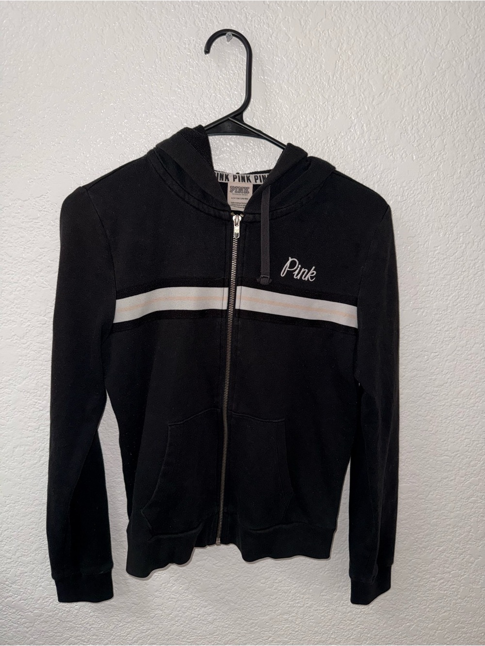 Victoria's Secret PINK Black Zip Hoodie with Cream Stripe